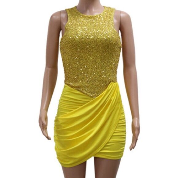 Yellow Sequined BodyCon Mini Dress Ruched Skirt Round Neck Zip Back Size L - Picture 1 of 13